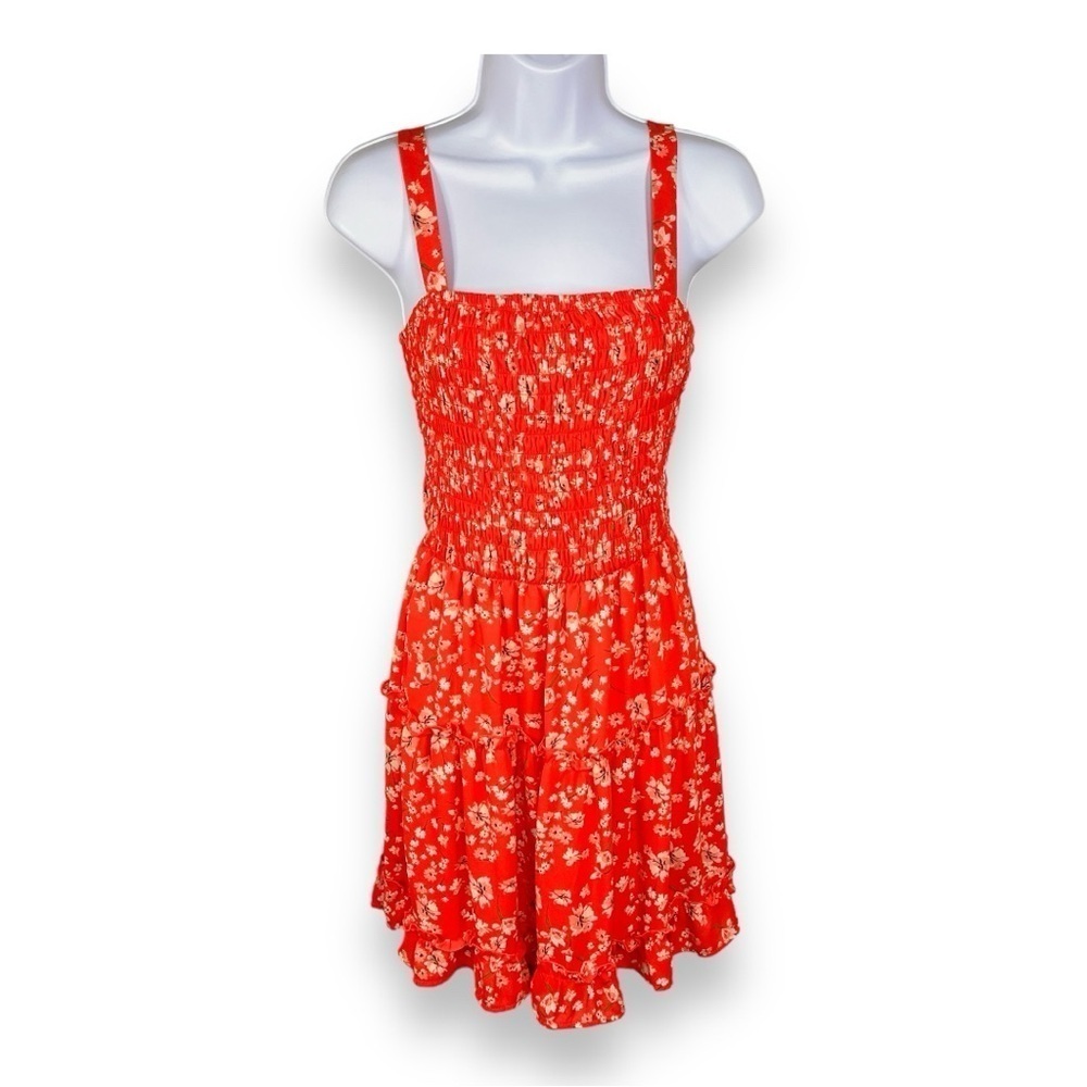 MEDIUM JUNIORS SIENNA SKY FLORAL DRESS SLEEVELESS CORAL REDORANGE STRETCH RUFFLE